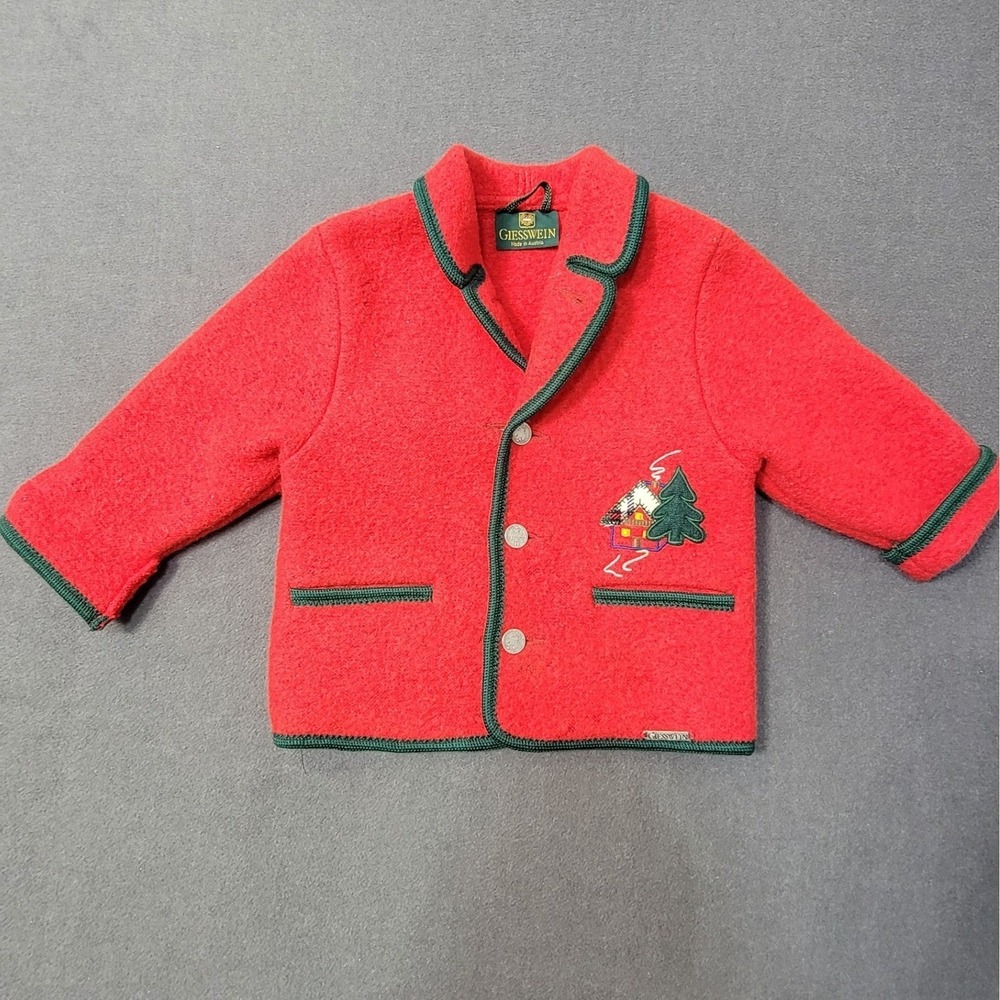 EUC Giesswein Austria Red Christmas Tree Cabin Boiled Wool Appliqué Jacket 3T